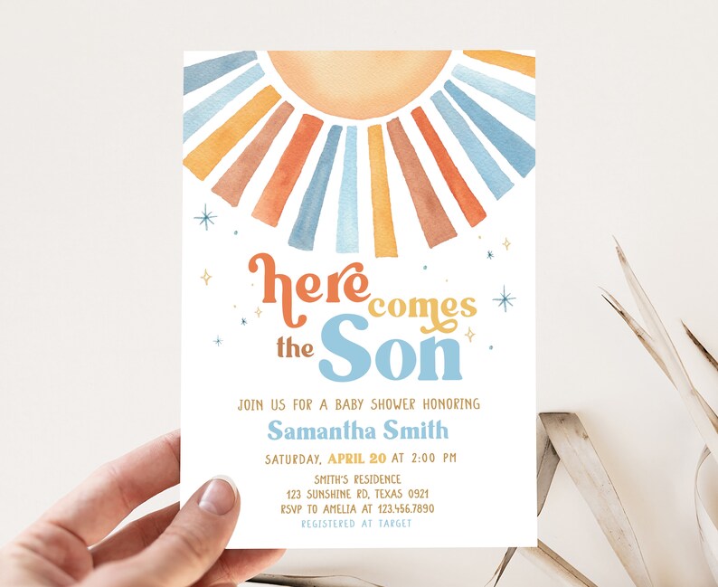 Editable Sunshine Baby Shower Invitation, Here Comes the Son Baby Shower Invite, Blue Boy Boho Sunshine Baby Shower Invitation Template 0642 image 1
