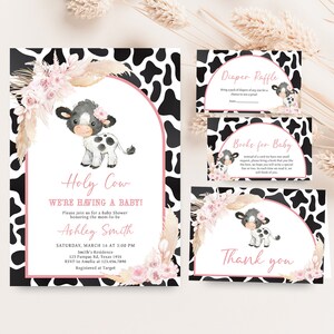Editable Pink Cow Baby Shower Invitation Bundle, Girl Holy Cow Baby Shower Invite Set, Boho Highland Cow Farm Baby Shower Invitation, 0662 image 1