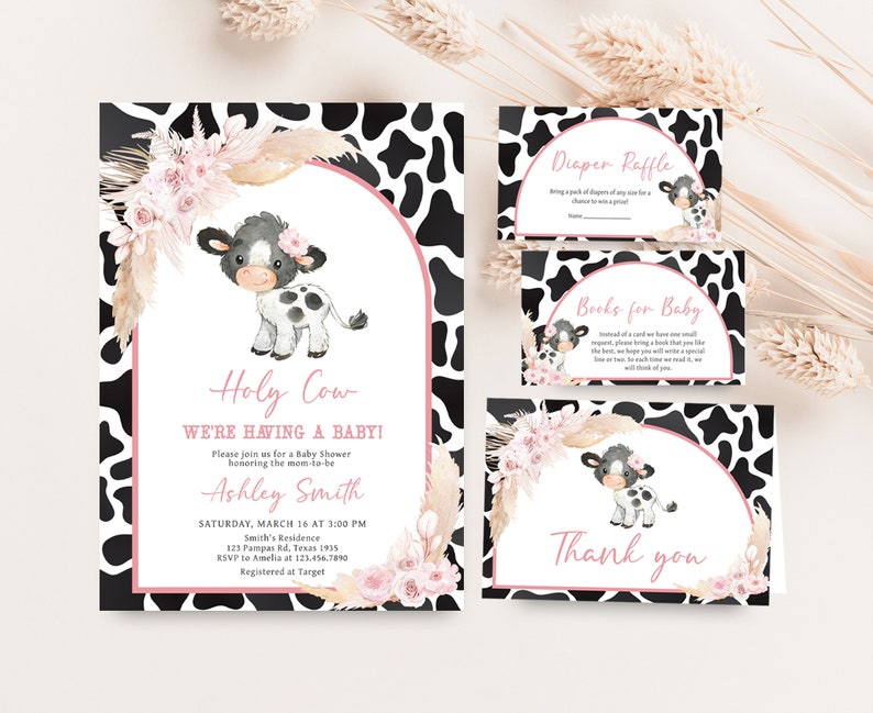 Editable Pink Cow Baby Shower Invitation Bundle, Girl Holy Cow Baby Shower Invite Set, Boho Highland Cow Farm Baby Shower Invitation, 0662 image 1
