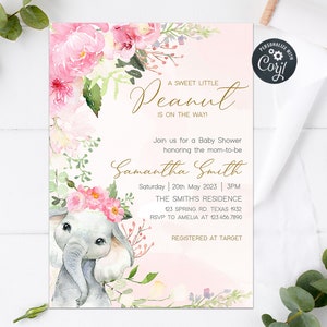 May include: A pink and white baby shower invitation with a watercolor illustration of a gray elephant with pink flowers on its head. The text reads "A Sweet Little Peanut Is On The Way!" and includes the name "Samantha Smith" and details for the shower.