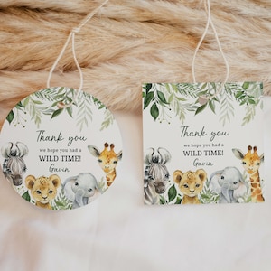 Editable Safari Birthday Favor Tags, Wild One Birthday Gift Tags, Jungle Animals First Birthday Party Thank you Tag Decor Template, 179BD