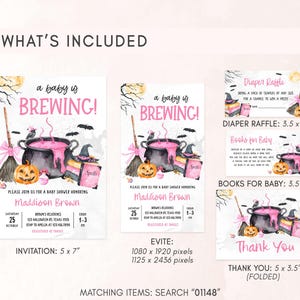 a collection of Halloween-themed baby shower invitations, including a baby shower for a baby named Madison Brown. The invitations feature illustrations of a baby with a witch's cauldron, pumpkins, bats, and other Halloween-related elements. The invitations also include details about the event, such as the date, time, location, and RSVP information.