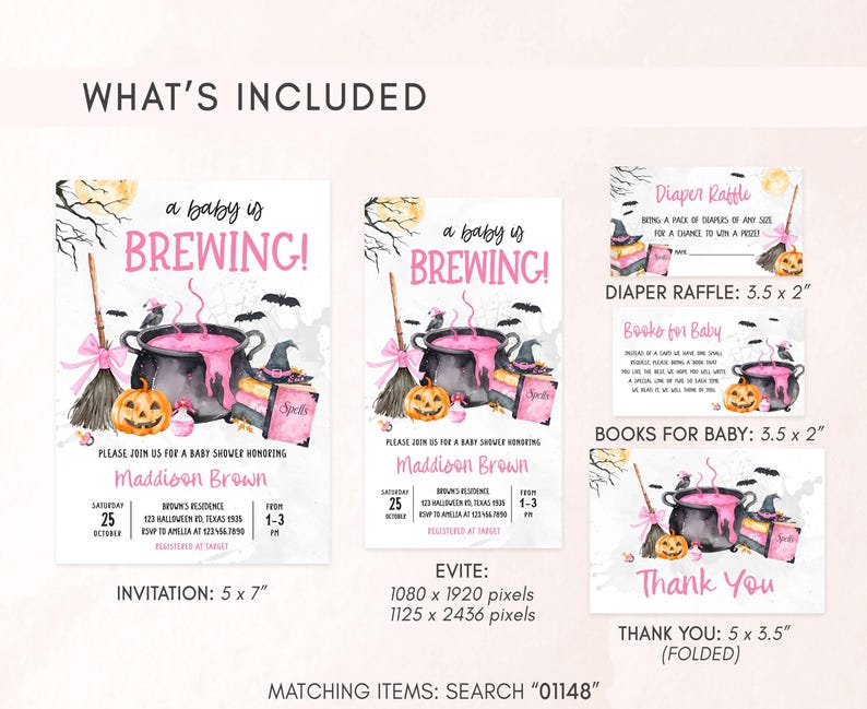 a collection of Halloween-themed baby shower invitations, including a baby shower for a baby named Madison Brown. The invitations feature illustrations of a baby with a witch's cauldron, pumpkins, bats, and other Halloween-related elements. The invitations also include details about the event, such as the date, time, location, and RSVP information.
