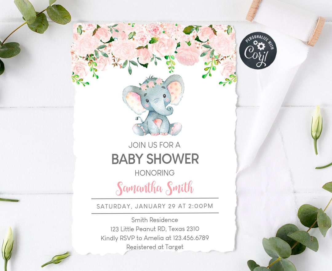 Editable Pink Elephant Girl Baby Shower Invitation, Blush Pink Floral ...