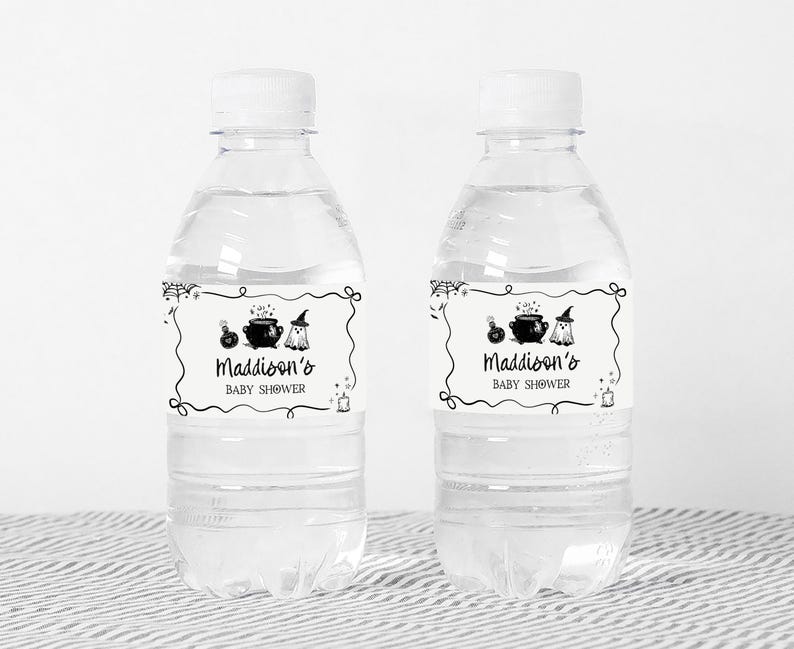 Two clear plastic water bottles with labels that say "Maddison's Baby Shower" in a black and white design.