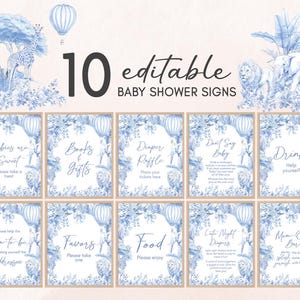 Bewerkbare blauwe chinoiserie toile babyshower tafelbord, safari toile de jouy jongen babyshower bundelbord, blauwe strik babyshowerborden, 01092
