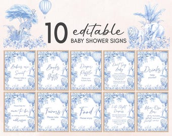 Könnte beinhalten: Zehn editierbare Babyparty-Schilder mit einem blauen und weißen Aquarell-Design, das einen Heißluftballon, eine Giraffe, einen Löwen, einen Elefanten und florale Elemente zeigt. Die Schilder enthalten Text wie "Babys sind süß", "Bücher & Geschenke", "Windel-Tombola", "Sag nicht Baby", "Getränke", "Bitte hilf der werdenden Mama", "Geschenke", "Essen", "Späte Nachtwindeln" und "Mamas-Bar".