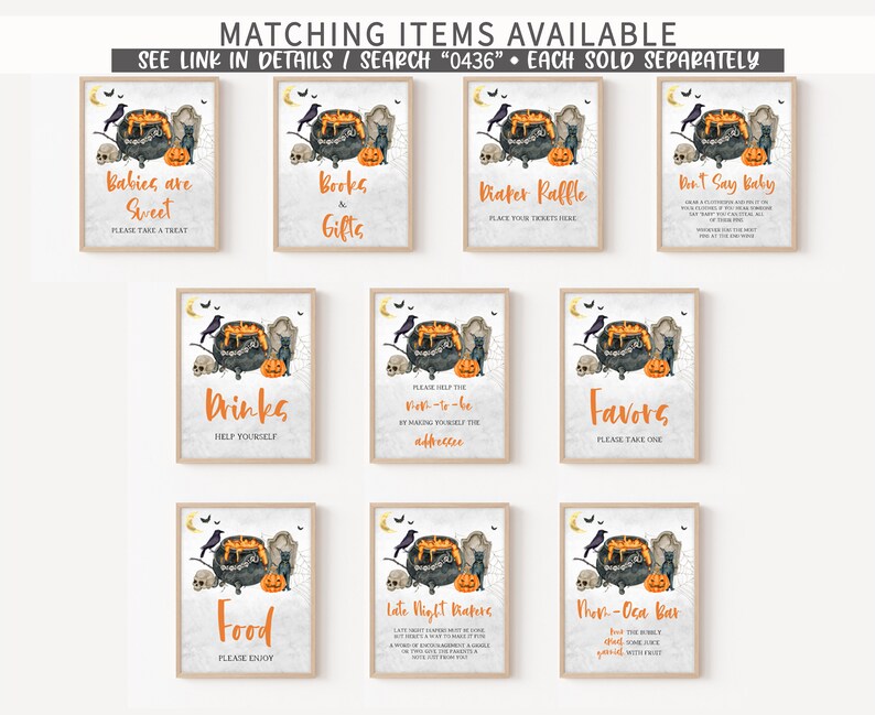 May include: A collection of framed Halloween-themed signs with watercolor illustrations. Each sign features a cauldron, skull, raven, and pumpkin. Text includes "Babies are Sweet", "Books & Gifts", and "Diaper Raffle".