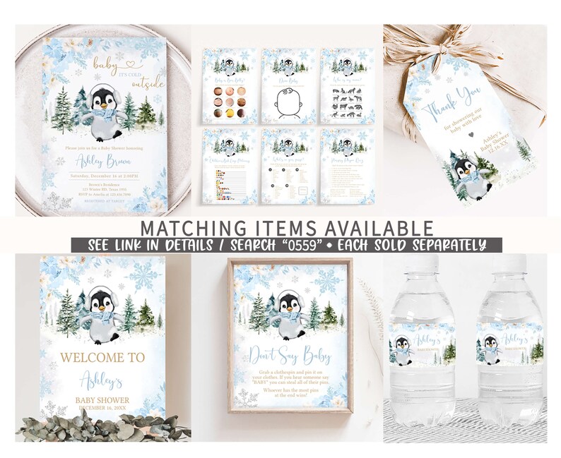 Puede incluir: Un conjunto de papeler&iacute;a para baby shower con tem&aacute;tica de ping&uuml;inos. Incluye invitaciones, tarjetas de juego, un letrero de bienvenida, un letrero de "Don't Say Baby", etiquetas de agradecimiento y etiquetas para botellas de agua. Dise&ntilde;os con ping&uuml;inos, copos de nieve y follaje.