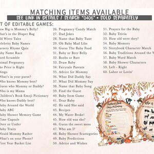 May include: Baby shower game printables with a woodland theme. The image includes a list of editable games, a children's book emoji dictionary, and a "Who is my animal?" game. The text "Matching Items Available" is at the top.