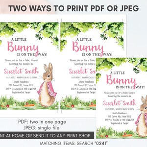 May include: Two printable baby shower invitations featuring a watercolor illustration of a bunny rabbit wearing a pink jacket. The invitations are for a baby shower for Scarlet Smith. The text on the invitations reads "A Little Bunny is on the Way!" and includes the date, time, location, and RSVP information.