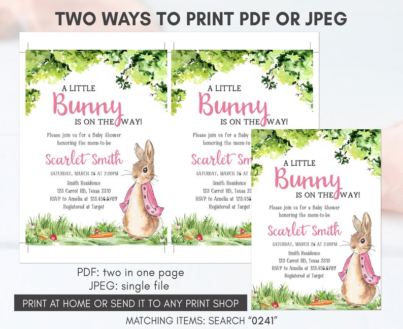 May include: Two printable baby shower invitations featuring a watercolor illustration of a bunny rabbit wearing a pink jacket. The invitations are for a baby shower for Scarlet Smith. The text on the invitations reads "A Little Bunny is on the Way!" and includes the date, time, location, and RSVP information.