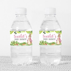 Editable Pink Peter Rabbit Baby Shower Bottle Label, Girl Rustic Bunny Baby Shower Water Label, Spring Garden Party Printable Template 0241 image 2