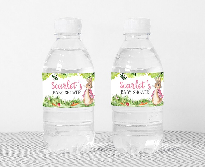 Editable Pink Peter Rabbit Baby Shower Bottle Label, Girl Rustic Bunny Baby Shower Water Label, Spring Garden Party Printable Template 0241 image 2