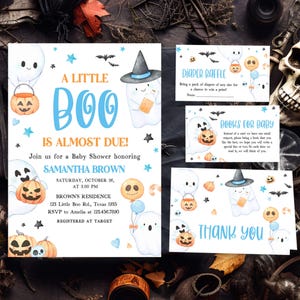 Editable Blue A Little Boo Baby Shower Invitation Bundle, Ghost Halloween Baby Shower Invite, Boy Ghost Spooky Baby Shower Invitation, 0932