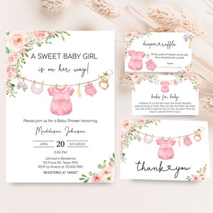 Editable Girl Baby Clothes Baby Shower Invitation Bundle, Pink Floral Boho Baby Shower Invite Set, Sweet Baby Girl Baby Shower Invite, 0649