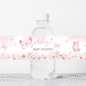 Etiquette modifiable de biberon papillon rose, étiquettes d'eau florales pour baby shower bohème, autocollants bouteille papillon herbe de la pampa fille, 0689