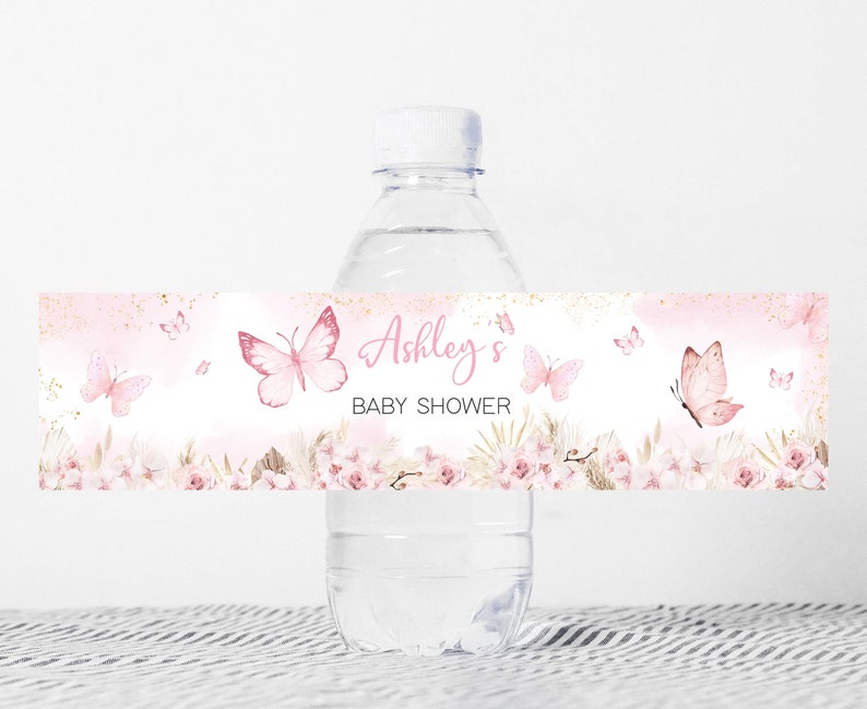 Editable Pink Butterfly Baby Shower Bottle Label, Boho Floral Baby Shower Water Labels, Girl Pampas Grass Butterfly Bottle Stickers, 0689 image 1