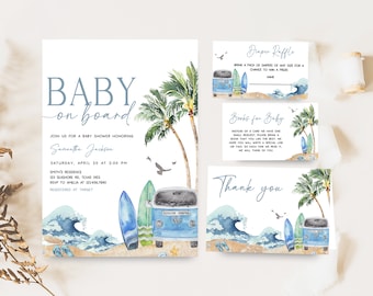 Editable Baby on Board Baby Shower Invitation Bundle, Surf Beach Baby Shower Invite Set, Retro Surf Boy Summer Baby Shower Invitation, 0709