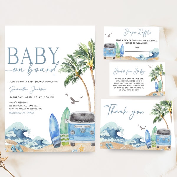 Editable Baby on Board Baby Shower Invitation Bundle, Surf Beach Baby Shower Invite Set, Retro Surf Boy Summer Baby Shower Invitation, 0709