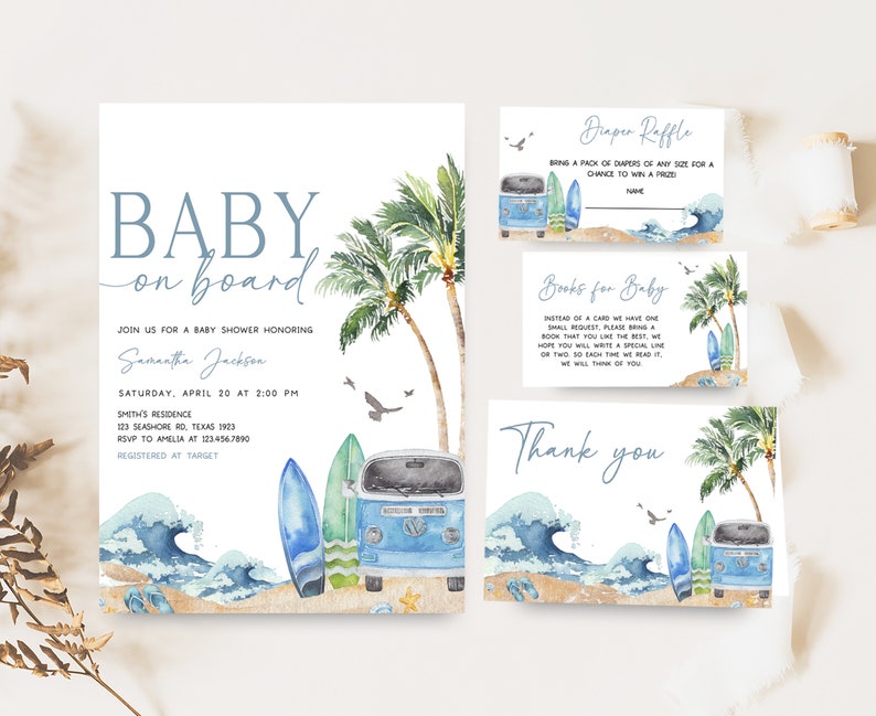 Editable Baby on Board Baby Shower Invitation Bundle, Surf Beach Baby Shower Invite Set, Retro Surf Boy Summer Baby Shower Invitation, 0709 image 1