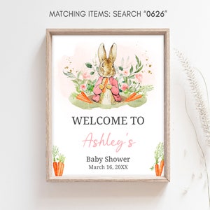 Editable Pink Peter Rabbit Baby Shower Welcome Sign, Peter Rabbit Girl Baby Shower Welcome Poster, A Little Bunny Spring Baby Shower, 0626 image 3