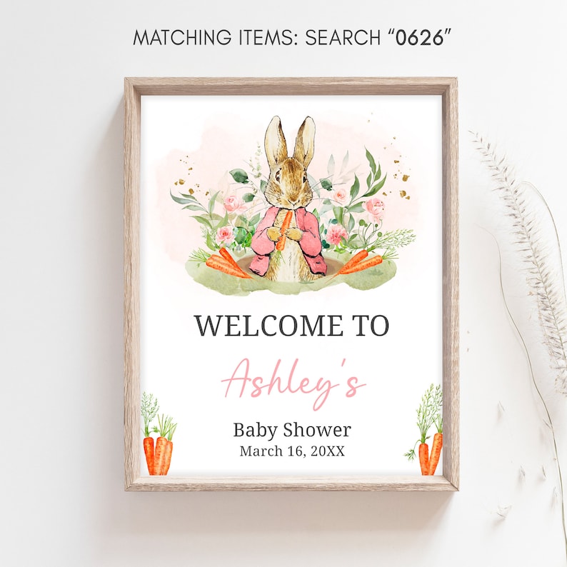 Editable Pink Peter Rabbit Baby Shower Welcome Sign, Peter Rabbit Girl Baby Shower Welcome Poster, A Little Bunny Spring Baby Shower, 0626 image 3