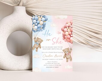 Editable Teddy Bear Gender Reveal Invitation, Pink Blue We Can Bearly Wait Printable Invitation, Girl Boy Boho Bear Balloons Template, GR7