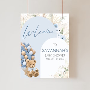 Editable Blue We Can Bearly Wait Baby Shower Welcome Sign, Boy Bear Baby Shower Welcome Poster, Boho Teddy Bear Balloon Welcome Sign 0415
