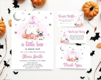 Editable Pink A Little Boo is Almost Due Baby Shower Invitation Bundle, Girl Halloween Baby Shower Invite Set, Ghost Fall Baby Shower, 01147