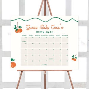 Bearbeitbar A Little Cutie Is On the Way Babyparty Fälligkeitsdatumskalender, Orange Babypartykalender, Neutrale Citrus Geburtstagsvorhersagen, 01056