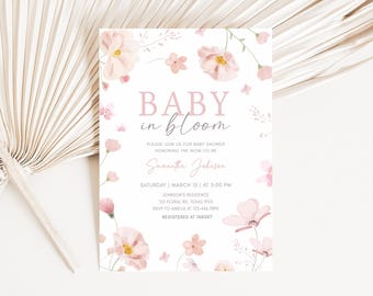 Redigerbar babyshowerinbjudan med blommande baby, rosa blommig vårbabyshowerinbjudan, babyshowerinbjudan med vilda blommor och boho-motiv för flicka 01029