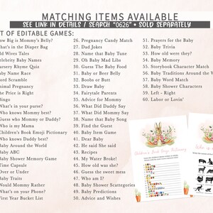 May include: A set of printable baby shower games with a pink and white colour scheme and a bunny rabbit illustration. The games include "How Big is Mommy's Belly?", "What's in the Diaper Bag", "Old Wives Tales", "Celebrity Baby Names", "Nursery Rhyme Quiz", "Baby Name Race", "Word Scramble", "Animal Pregnancy", "The Price is Right", "Bingo", "What's in your purse?", "Who knows Mommy best?", "Guess who Mommy or Daddy?", "Who is my Mama", "Children's Book Emoji Pictionary", "Who knows Daddy best?", "Baby Around the World", "Baby ABC", "Baby Shower Memory Game", "Time Capsule", "Over or Under", "Baby Traits", "Would Mommy Rather", "What's on your Phone?", "First Year Bucket List", "Pregnancy Candy Match", "Dad Jokes", "Name that Baby Tune", "Oh Baby Mad Libs", "Guess The Baby Food", "Baby or Beer Belly", "Boobs or Butt", "Draw Baby", "Fairytale Parents", "Advice for Mommy", "What Did Daddy Say", "What Did Mommy Say", "Name that Baby Song", "Find the Guest", "Baby Item Game", "Dear Baby", "He said She said", "Recipes", "My Water Broke!", "How old was she?", "Guess the sweet mess", "Who am I?", "Baby Shower Scattegories", "Baby Predictions", "Advice and Wishes", "Prayers for the Baby", "Baby Trivia", "How old were they?", "Baby Memory", "Storybook Character Match", "Baby Traditions Around the World", "Baby Word Match", "Baby Shower Characters", "Left - Right", "Labor or Lovin'".