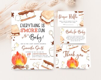 Editable Smore Baby Shower Invitation Bundle, Bonfire Camping Baby Shower Invite Set, Campfire Gender Neutral S'mores Baby Shower, 0767