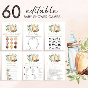 Editable Coffee Baby Shower Games Bundle, A Baby is Brewing Baby Shower Game Pack, Gender Neutral Greenery Coffee Baby Shower Template, 0813