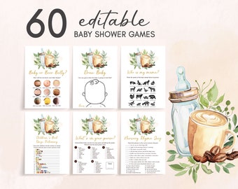 Editable Coffee Baby Shower Games Bundle, A Baby is Brewing Baby Shower Game Pack, Gender Neutral Greenery Coffee Baby Shower Template, 0813
