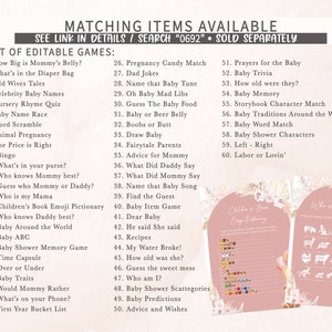 May include: A list of editable baby shower games, including "How Big is Mommy's Belly?" and "Baby Trivia." The image also features two pink cards with floral designs and the text "Children's Book Emoji Pictionary" and "Who is my mama?"