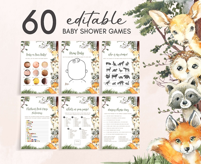 Editable Woodland Baby Shower Games Bundle, Woodland Boy Baby Shower Game Pack, Woodland Animals Forest Baby Shower, Boy Forest Games, 0645 image 1