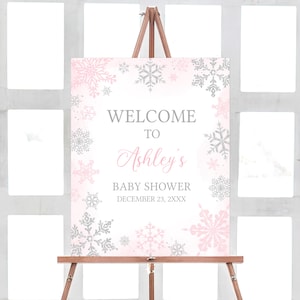 Editable Pink A Little Snowflake Baby Shower Welcome Sign, Girl Winter Snowflake Baby Shower Welcome Poster, Winter Baby Shower Sign, 0536 image 1