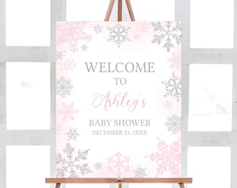 Editable Pink A Little Snowflake Baby Shower Welcome Sign, Girl Winter Snowflake Baby Shower Welcome Poster, Winter Baby Shower Sign, 0536