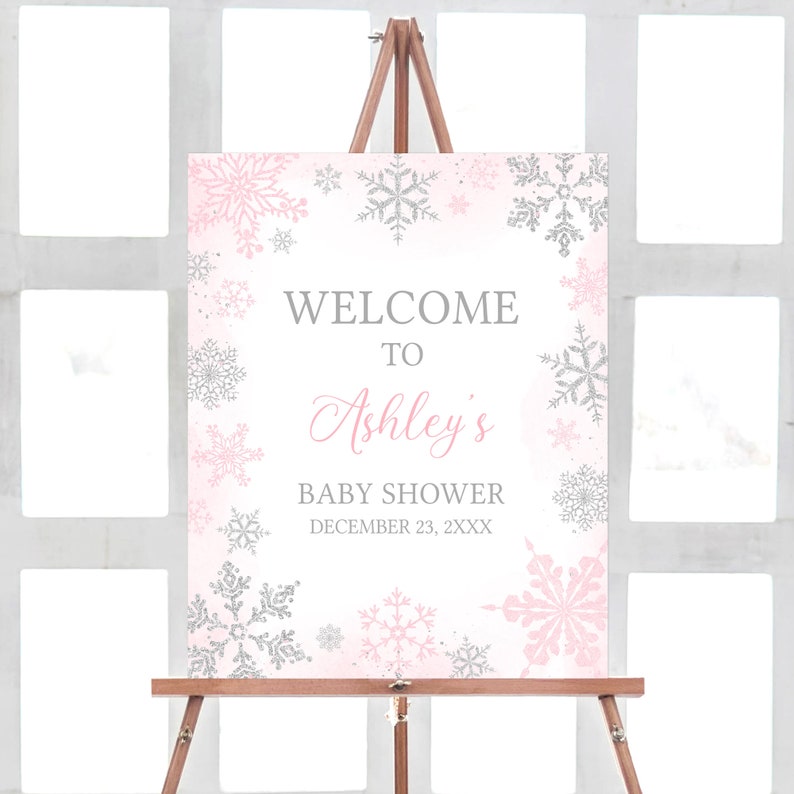 Editable Pink A Little Snowflake Baby Shower Welcome Sign, Girl Winter Snowflake Baby Shower Welcome Poster, Winter Baby Shower Sign, 0536 image 1