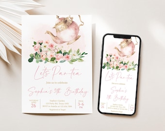 Pode incluir: Um convite para um chá de festa em rosa e dourado com uma ilustração em aquarela de um bule e flores. O texto diz "Let's Par-tea" e "Join us to celebrate Sophia's 5th Birthday".