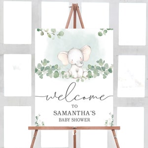 Elephant Baby Shower Welcome Sign, Gender Neutral Elephant Welcome Sign, Greenery Eucalyptus Baby Elephant Decorations, Printable 0165
