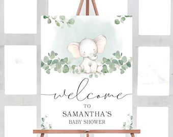 Elephant Baby Shower Welcome Sign, Gender Neutral Elephant Welcome Sign, Greenery Eucalyptus Baby Elephant Decorations, Printable 0165