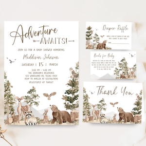 Editable Adventure Awaits Baby Shower Invitation Bundle, Woodland Animals Baby Shower Invite, Adventure Woodland Baby Shower Invites, 01032