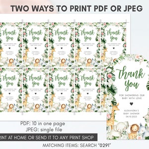 Editable Greenery Safari Baby Shower Favor Tags, Floral Jungle Baby Shower Gift Tag, Safari Animals Wild One Baby Shower Thank You Tag, 0291 image 2