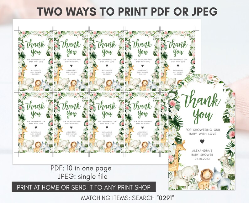 Editable Greenery Safari Baby Shower Favor Tags, Floral Jungle Baby Shower Gift Tag, Safari Animals Wild One Baby Shower Thank You Tag, 0291 image 2