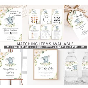 Pacchetto di giochi per baby shower con elefante neutro modificabile, pacchetto di giochi per baby shower con elefante floreale, giochi per baby shower con elefante verde, 0620 immagine 2