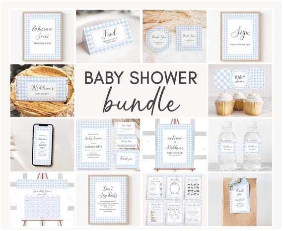 Editable Blue Gingham Baby Shower Bundle, Boy Picnic Baby Shower Pack, Classic Gingham Baby Boy, BBQ Baby Shower Mega Bundle Template, 0775