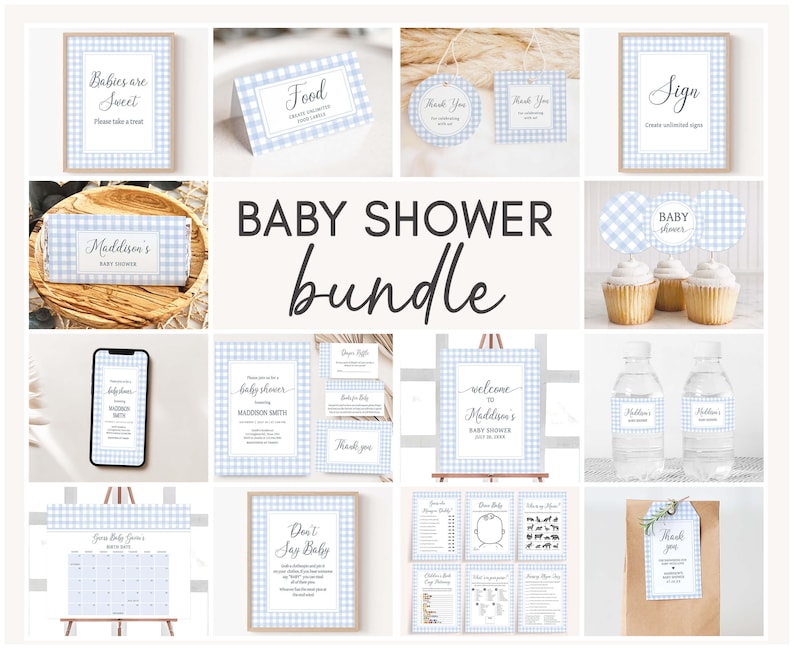 Blue Gingham Baby Shower Bundle Printable Template